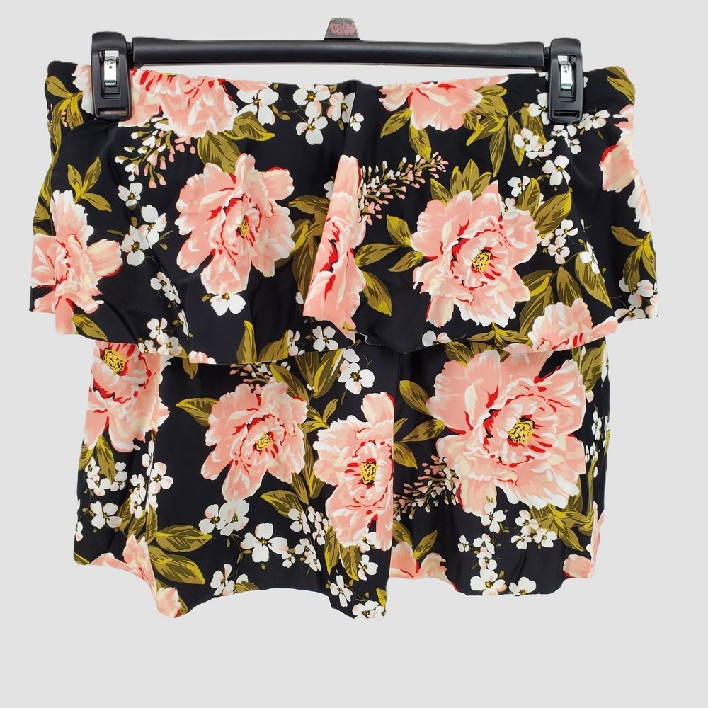 Kona Sol Black Pink Floral Ruffle Strapless Flounce Swim Bikini Top Womens Large